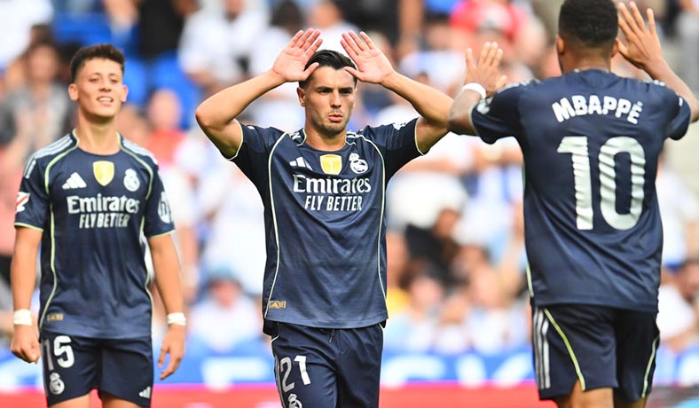 Mbappe, Arda Guler y Brahim festejan un gol del Real Madrid