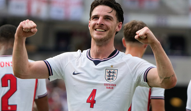 Declan Rice festeja un gol de Inglaterra en amistoso