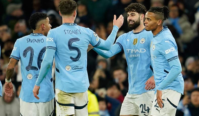 Jugadores del City celebran un gol en la Champions